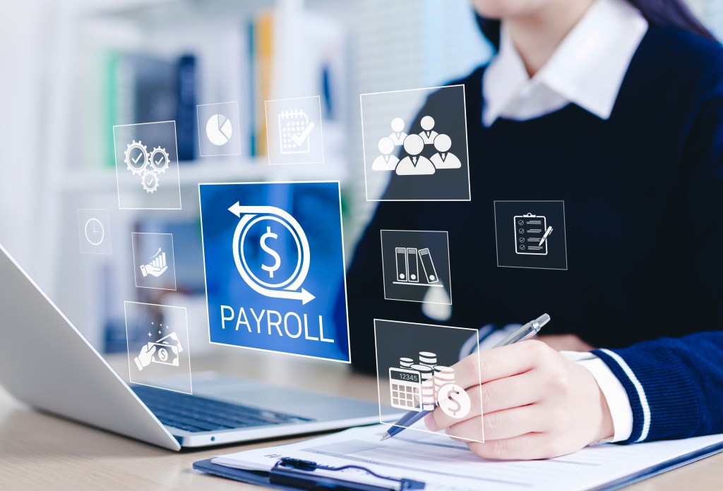 Payroll Management and Salary Processing System. Businesswoman calculates payroll, with icons representing employee salaries management, payment scheduling, efficient payroll, financial documentation,